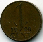 1 цент 1968 г. Нидерланды(15) -241.4 - аверс