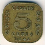 5 центов 1942 г. Шри-Ланка(26) - 54 - аверс