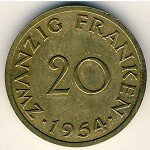 20 франков 1954 г. Саар (18) -20 - аверс