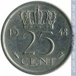 25 центов 1948 г. Нидерланды(15) -250.3 - аверс