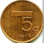 5 центов 1991 г. Нидерланды(15) -250.3 - реверс