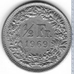 1/2 франка 1969 г. Швейцария(25) -71.1 - реверс