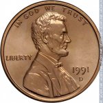 1 цент 1991 г. США(21) - 2215.1 - аверс